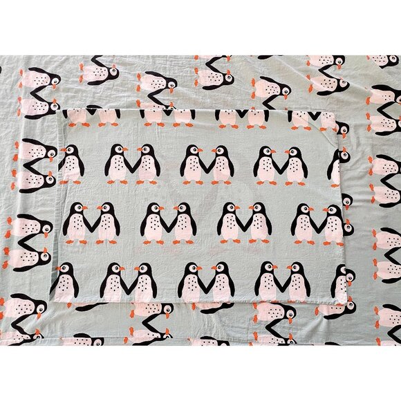 IKEA Blavingad Twin Duvet Cover & Pillowcase Set Penguin Light Turquoise Orange - Picture 12 of 16